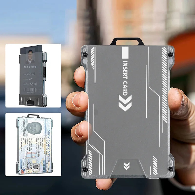 Minimalist Wallet for Men- Slim Aluminum Metal Money Clip Wallet with Clear ID Card Holder, Carbon Fiber Wallet, RFID Blocking