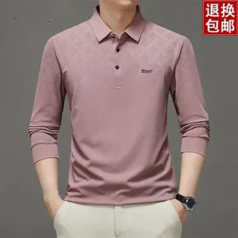 Men's Lapel Long Sleeve Polo Shirt Subtle Jacquard Print Casual Versatile Top for Middle Aged Dad Spring Autumn