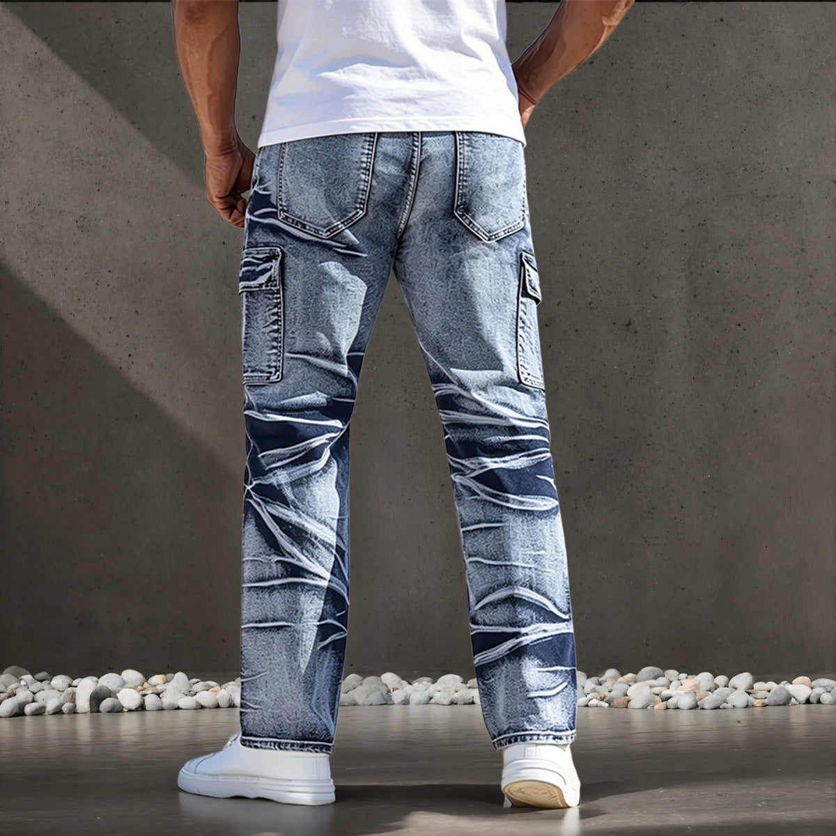 Men's Jeans, American Casual Style, Multi-Pocket Design, Simple and Versatile Straight-Leg Trousers, Suitable for All Seasons