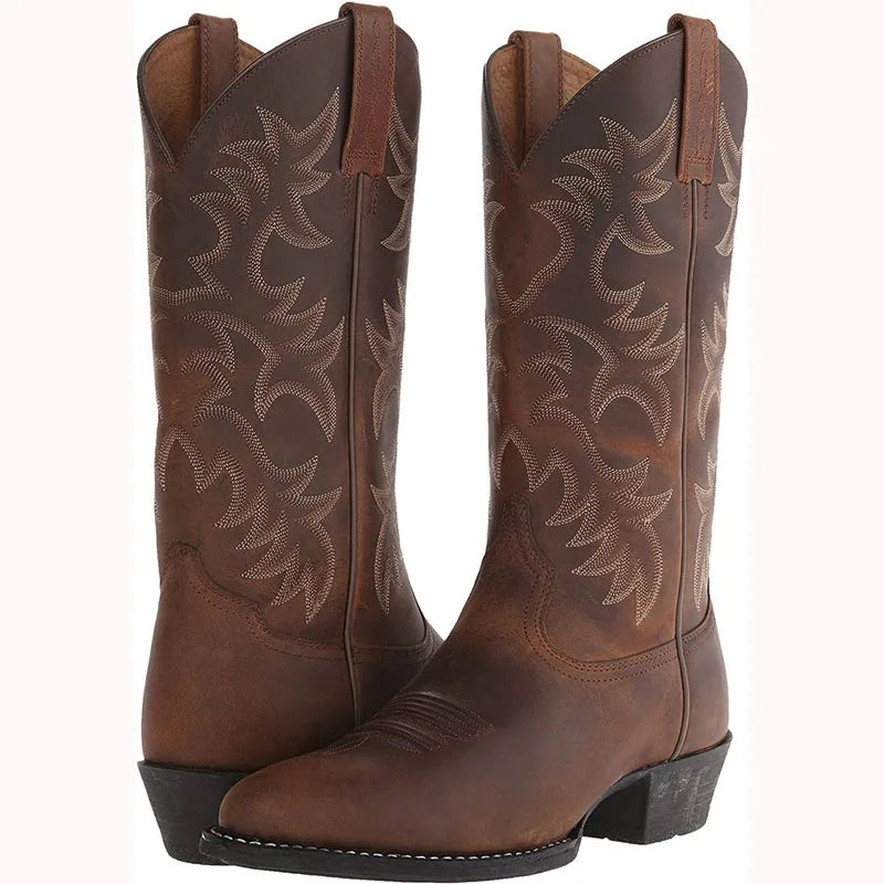 Men Boot 2025 Mid Calf Western Cowboy Motorcycle Boots Male Autumn Outdoor PU Leather Totem Med Heel Fashion Designed Men Boots