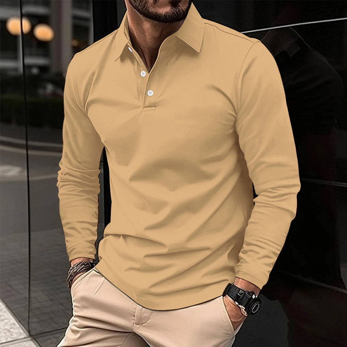 Men's Long Sleeve Polo Shirt Solid Color Loose Fit Casual Turn Down Collar Daily Business Tops For Spring Autumn