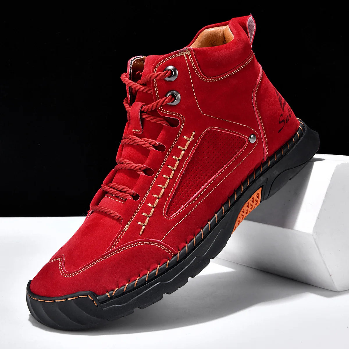 Men's Leather Ankle Boots Outdoor Casual Boots Vintage Soft Sneakers Flat Lace-up Boots Handmade Large Size Mens Shoes Botines