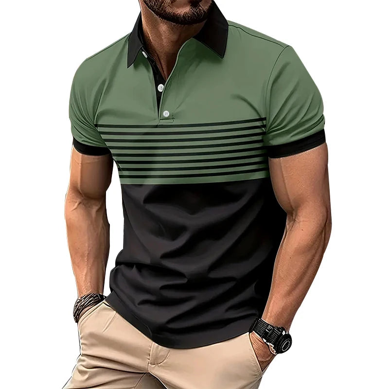 Men's Fashion 3D Digital Print Striped Polo Shirts with Buttoned Placket and Short Sleeves for Summer
