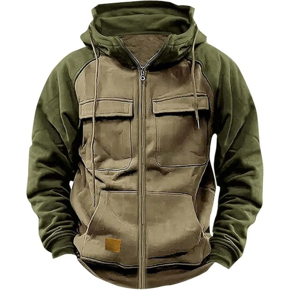 Men Zipper Patchwork Warm Fleece Sweatshirts Fashion Multi Pockets Men Casual Zip up Jacket  Autumn Winter Outdoor Tactic Hoodie