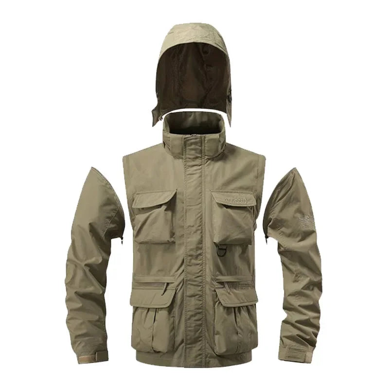 Men Outdoors Hooded Multiple Pockets Hiking Jackets New Spring Autumn Male Traveling Windproof Waterproof Jackets Quality Coats