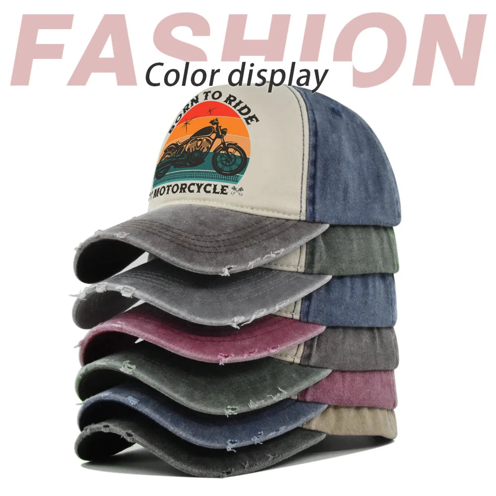 Men Hats Motorcycle Baseball Caps for Men Women Retro Printed Caps Cotton Sponge Truck Caps Men's Washed Old Sun Hat Casquette