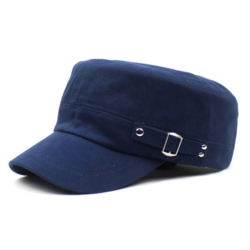 Men's Military Hat Spring/Summer Solid Color Cotton Flat Top Baseball Cap Side Button Duck Tongue Hat Sunscreen Sports Hat