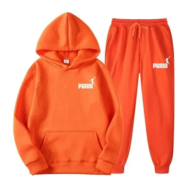 Autumn and winter new men's sportswear set, outdoor cycling windproof and warm men's hooded sweatshirt + pants 2-piece set