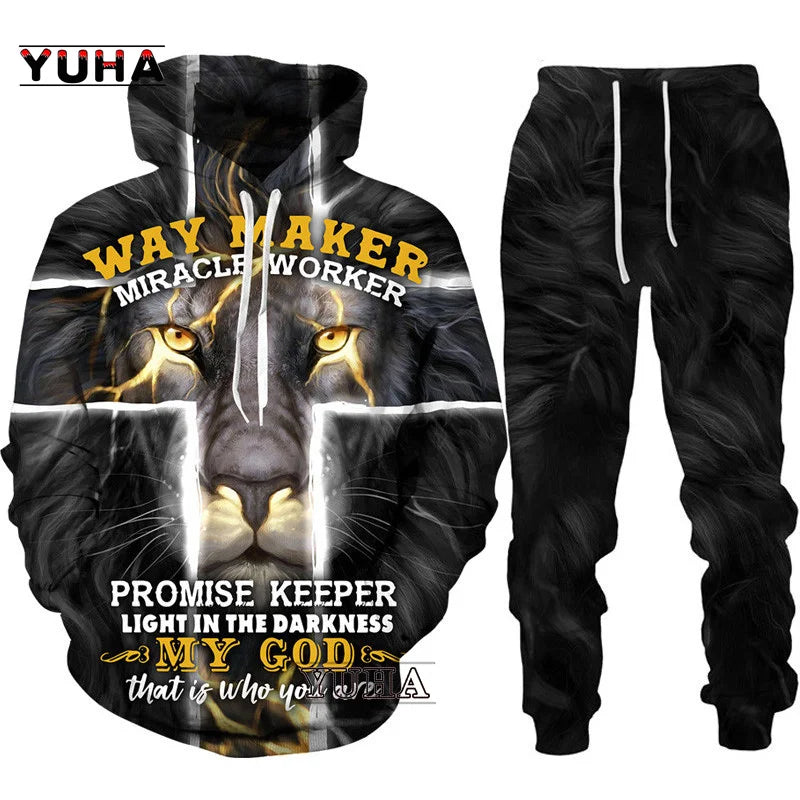 Two Piece Set Christian Bible Faith Jesus God Men's Hoodie/Suit Cool 3D Lion Printed Streetwear Couple Clothes Jogging Tracksuit