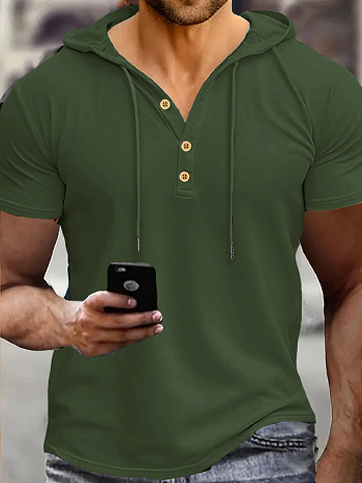 Men's Henry Shirt Solid Color Casual Short Sleeve Hooded Polo Shirts Summer Fashion Breathable T-shirt Streetwear Men Clothing