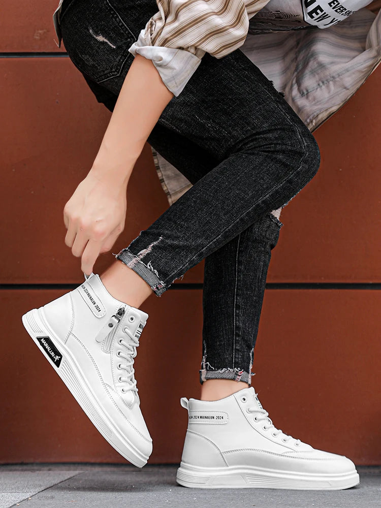 High-Top Sneakers for Men Designed for All Seasons, Featuring a Non-Slip PU Sole And a White Laceless Design Suitable for Urban