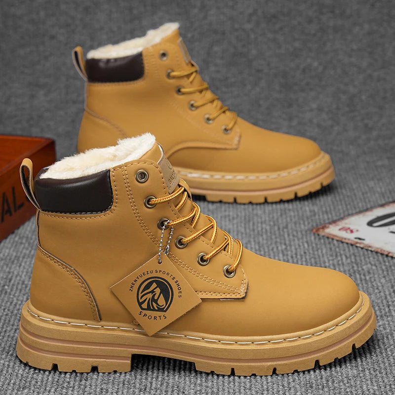 Men's High-Top Boots with Plush Lining, Thick and Warm Interior for Cold Weather Protection, Thick Non-Slip and Wear-Resistant Soles, Rugged Workwear Style, Warm and Stylish for Autumn and Winter Outings, Suitable for Various