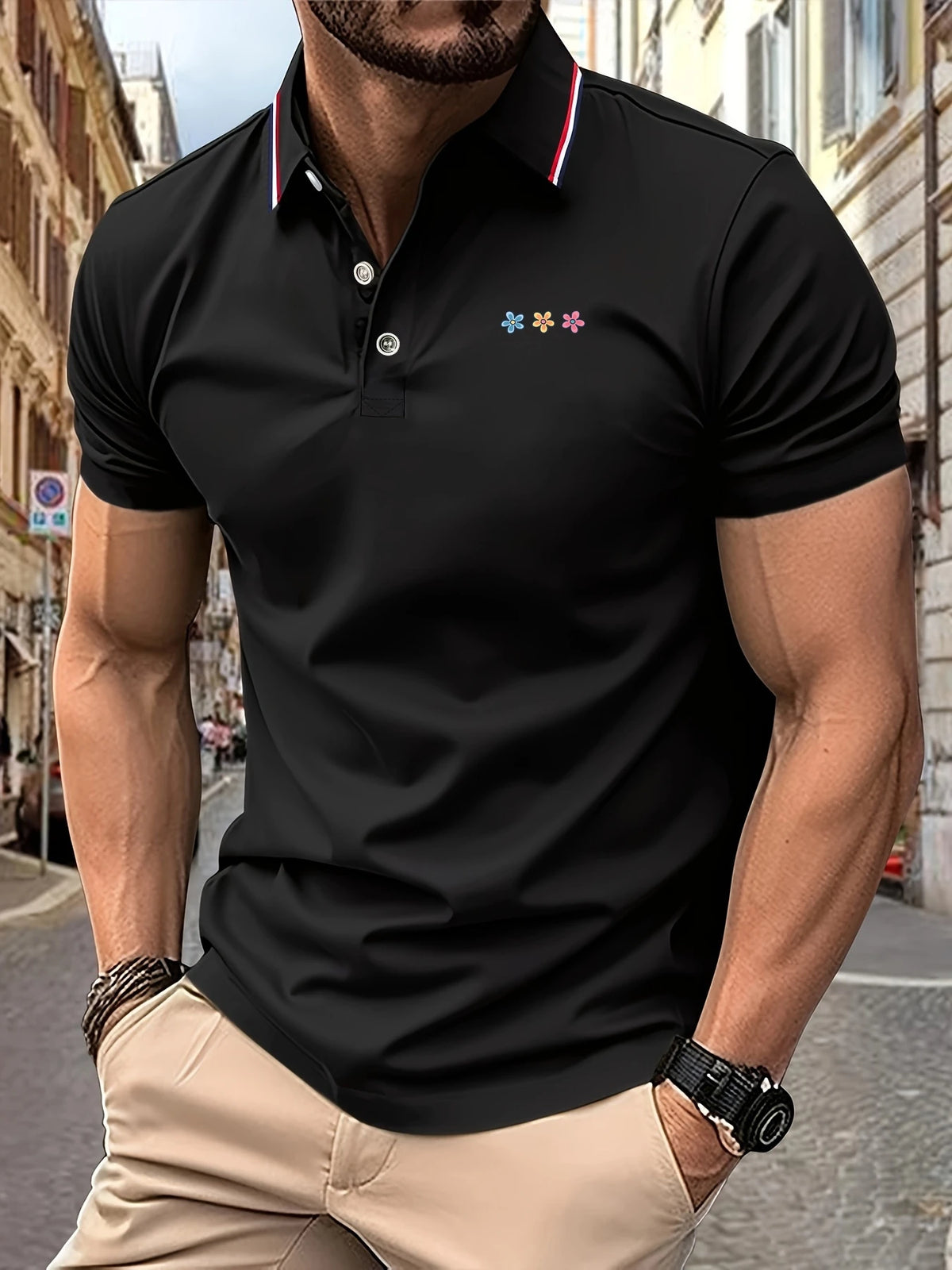 Men's Golf Polo Shirts Tricolor Flower Graphic Print Striped Collar Decor Short Sleeve Breathable Casual Daily Cool T-shirt