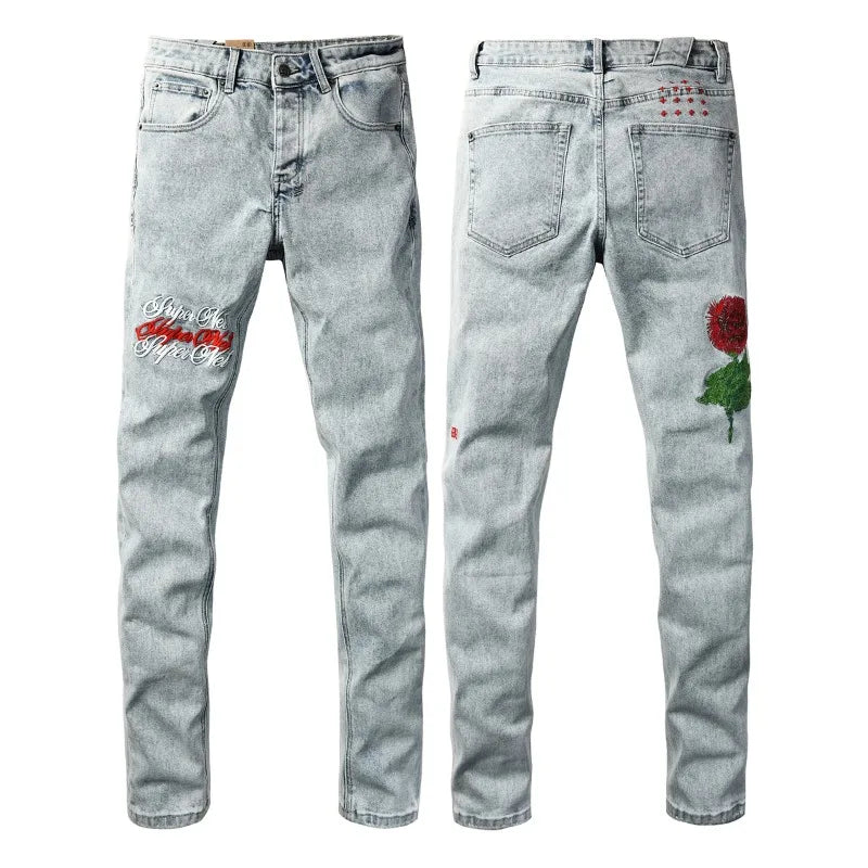2026 New Men Jeans Fashion Trends Distressed Rose Embroidered Logo Stretch Skinny Button Jeans Pants