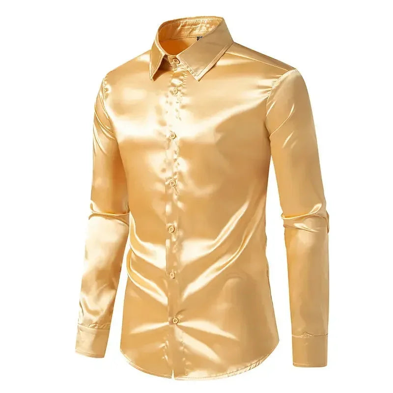 Bright face shirt, men's long sleeved autumn and winter men's clothing, satin nightclub style, solid color trend, men's trend
