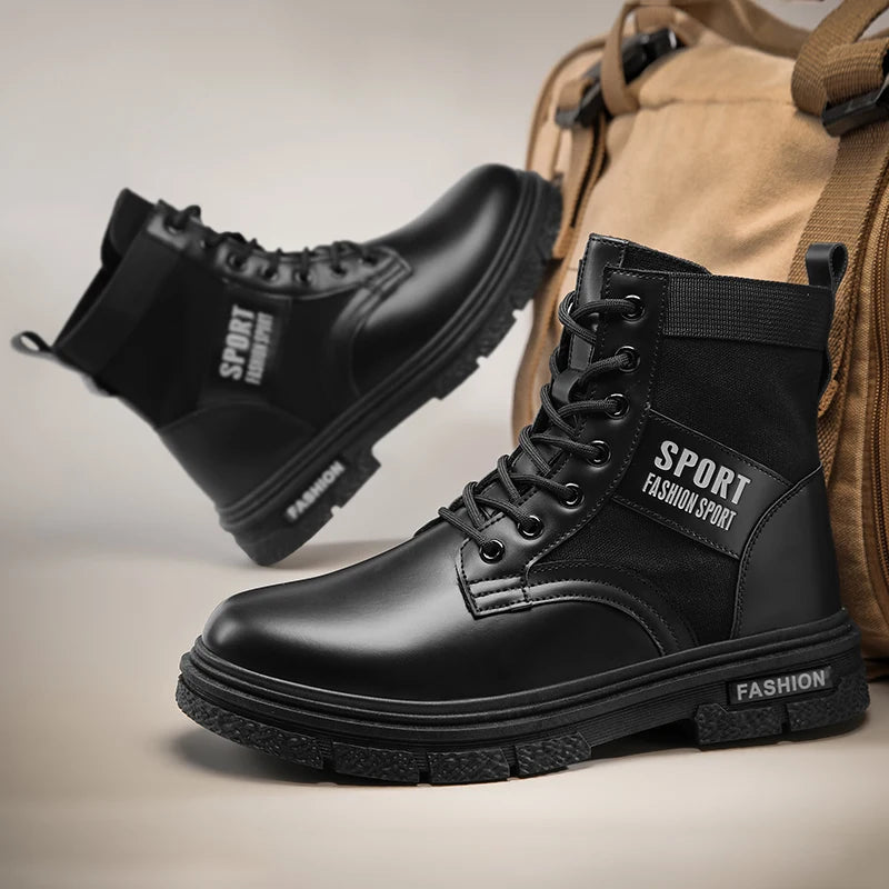 Men Boots Autumn Leather Waterproof Mid-top Sports Shoes New Fashion Ankle Boots Casual Outdoor Hiking Boots Shoes Male Sneakers
