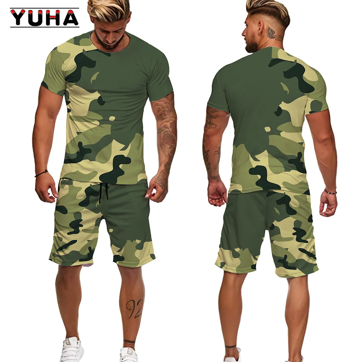 YUHA Summer Camouflage Tees/Shorts/Suits Men's T Shirt Shorts Tracksuit Sport Style Outdoor Camping Hunting Casual Mens Clo
