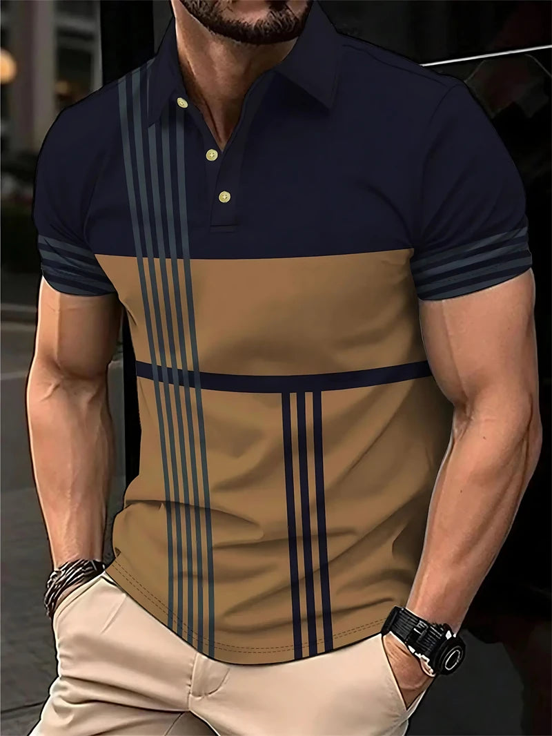 Simple Striped Polo Shirts For Men Summer Casual Short Sleeve 3D Printed Business Polo Shirt Loose Breathable Daily Wear Tees