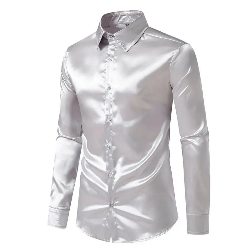 Bright face shirt, men's long sleeved autumn and winter men's clothing, satin nightclub style, solid color trend, men's trend