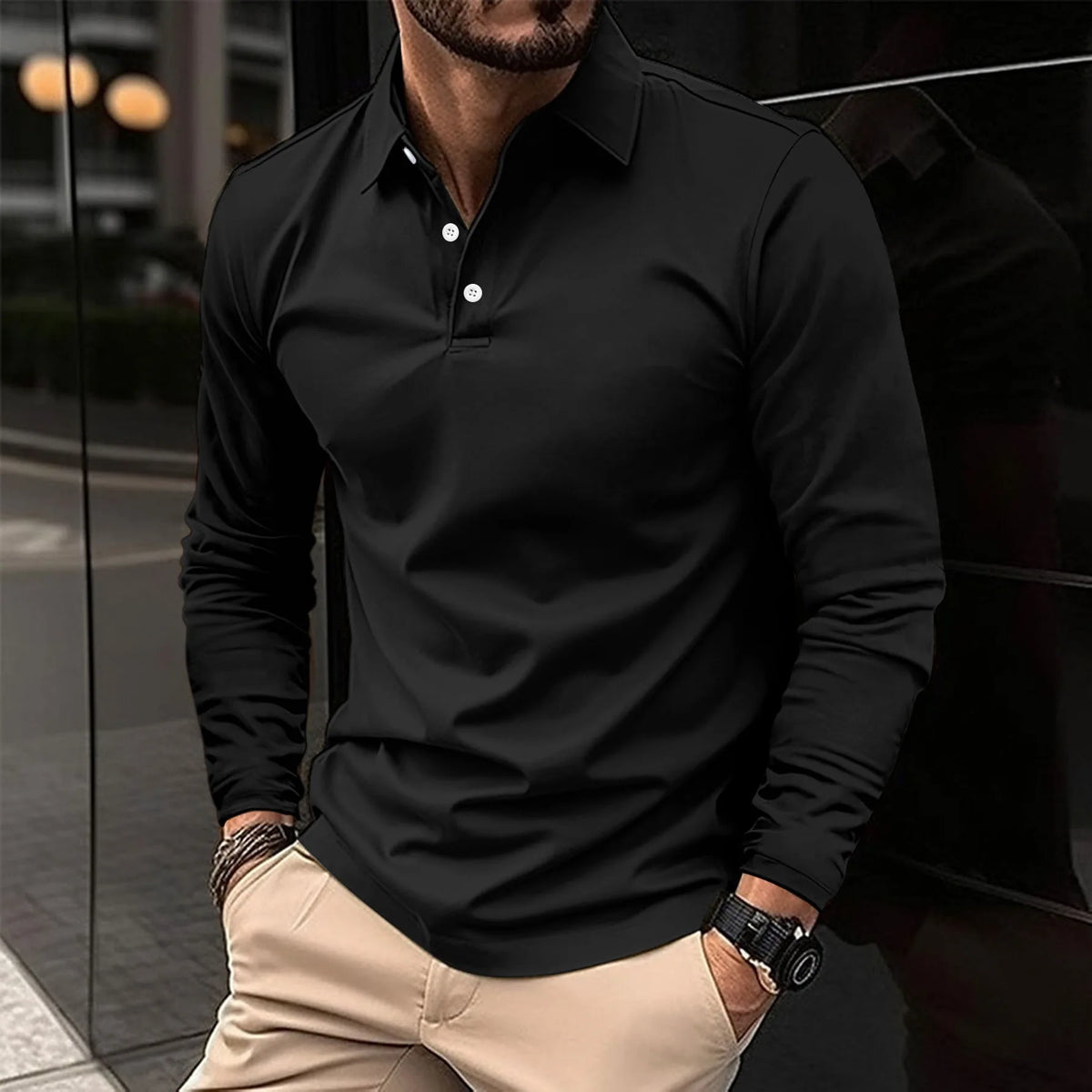 Men's Long Sleeve Polo Shirt Solid Color Loose Fit Casual Turn Down Collar Daily Business Tops For Spring Autumn