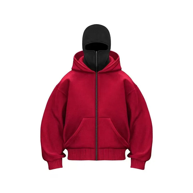 Men Hip Hop Double Hat Balaclava Hoodie Windproof Zipper Face Mask Sweatshirt Streetwear Trend Autumn Fashion Hooded Jacket Coat