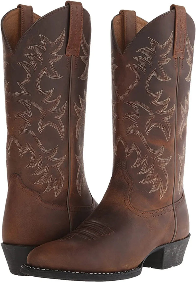 Men Boot 2025 Mid Calf Western Cowboy Motorcycle Boots Male Autumn Outdoor PU Leather Totem Med Heel Fashion Designed Men Boots