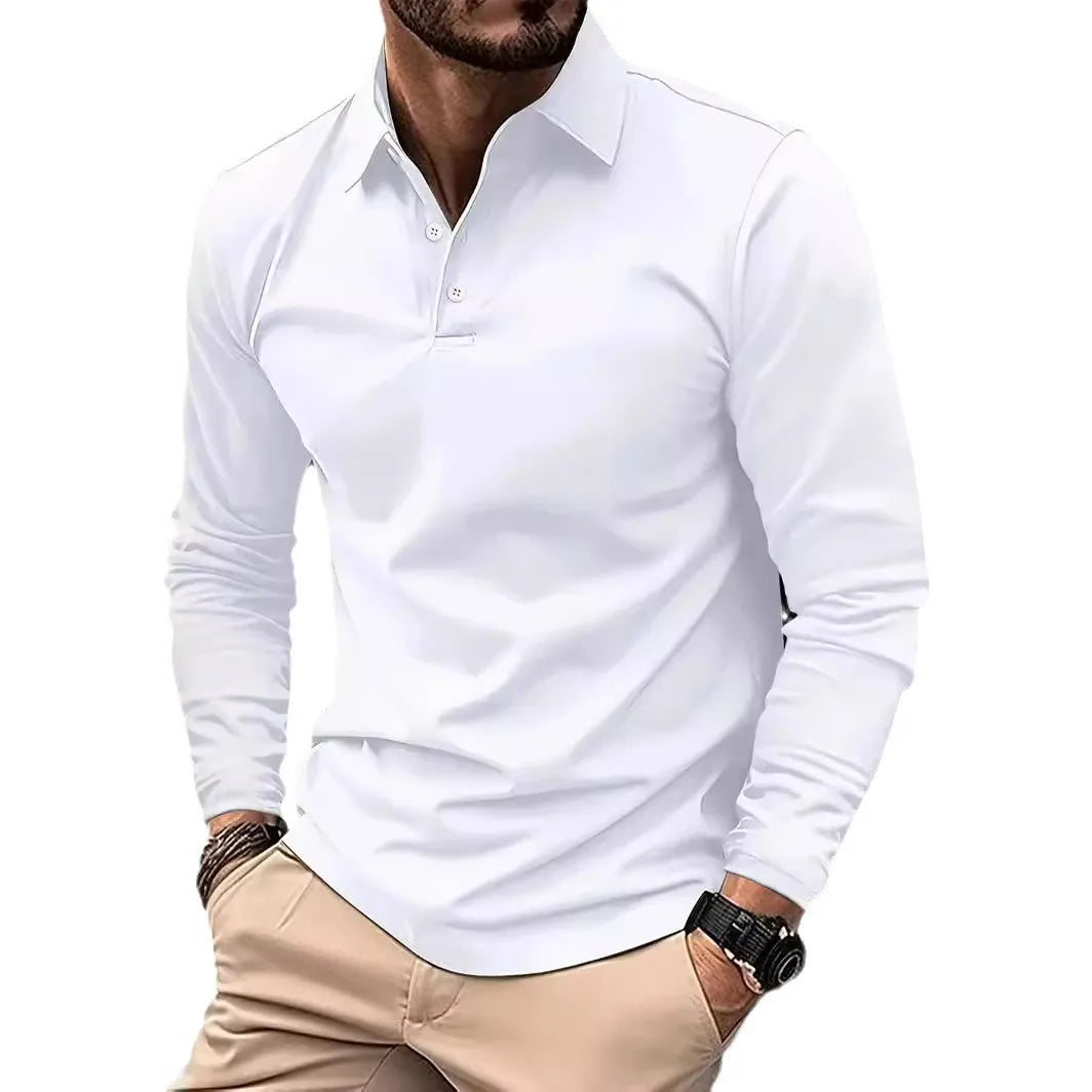 2024 Autumn Men's Polo Shirts Turn-Down Collar Solid Long Sleeve Smart Casual Polos Man Fashion Breathable Loose Tees Tops Men
