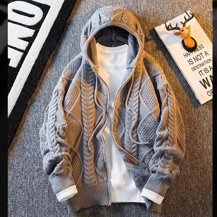 New Fashion England Style Hooded Streetwear Zipper Cardigan Autumn Winter Knitted Thick Sweater for Men with Hat Mens Clothes
