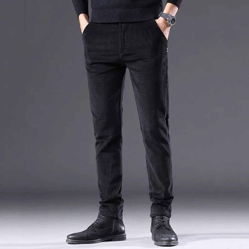 Men's Solid Straight Leg Corduroy Fabric Casual Pants Male Army-green Coffee Office Pants Stylish Youth Autumn Winter Trousers