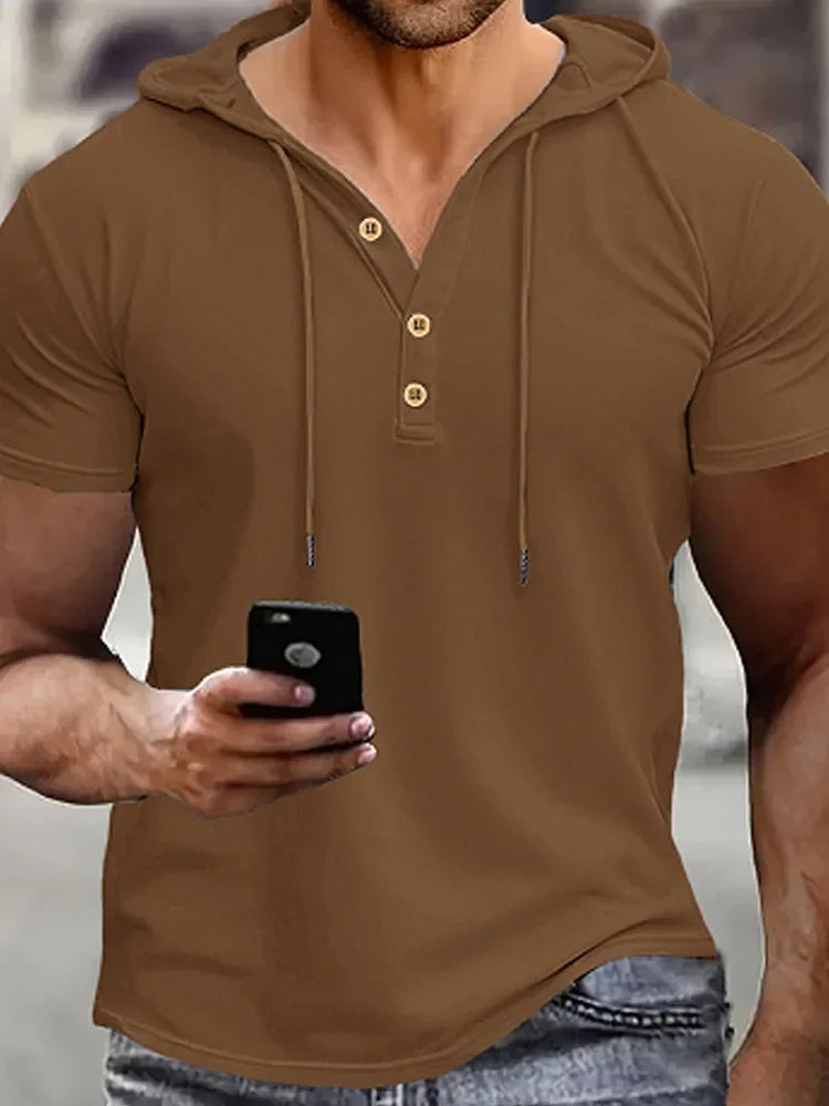 Men's Henry Shirt Solid Color Casual Short Sleeve Hooded Polo Shirts Summer Fashion Breathable T-shirt Streetwear Men Clothing
