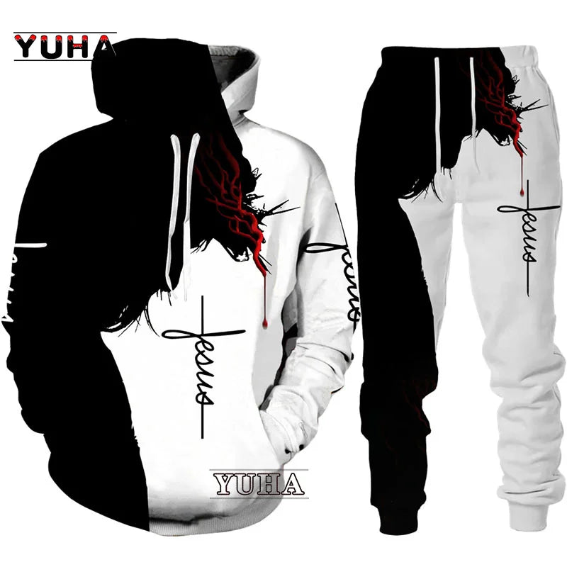 Two Piece Set Christian Bible Faith Jesus God Men's Hoodie/Suit Cool 3D Lion Printed Streetwear Couple Clothes Jogging Tracksuit