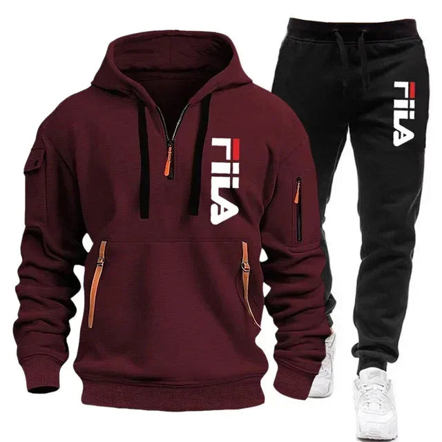 2026 Autumn and winter new men's multi pocket zipper hooded sports shirt+pants two-piece set, men's casual pullover sports set
