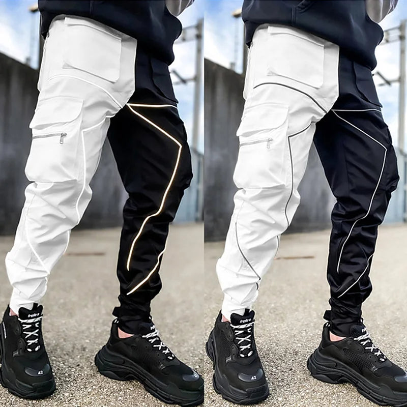 Men's Gym Joggers Stretch Casual Sweatpants Fitness Track Pants Multi-Pocket Cargo Hip Hop Streetwear Reflective Sports Trousers