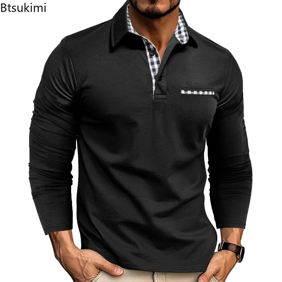 2026 New Men's Long Sleeve Polo Shirts Spring Autumn Casual Slim Fit Turn Down Collar Top High Quality Fashion Tops Male Tees