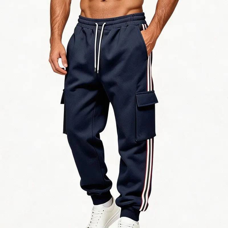 Men Striped Cargo Joggers Multi Pocket Drawstring Elastic Waist Sweatpants Hip Hop Streetwear Loose Fit Sports Casual Pants