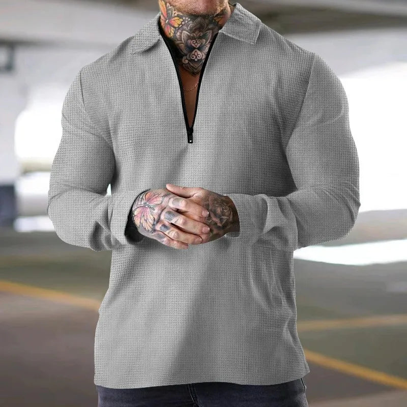 Men Waffle Knit Long Sleeve Polo Shirt Quarter Zip Lapel Casual T-Shirt For Autumn