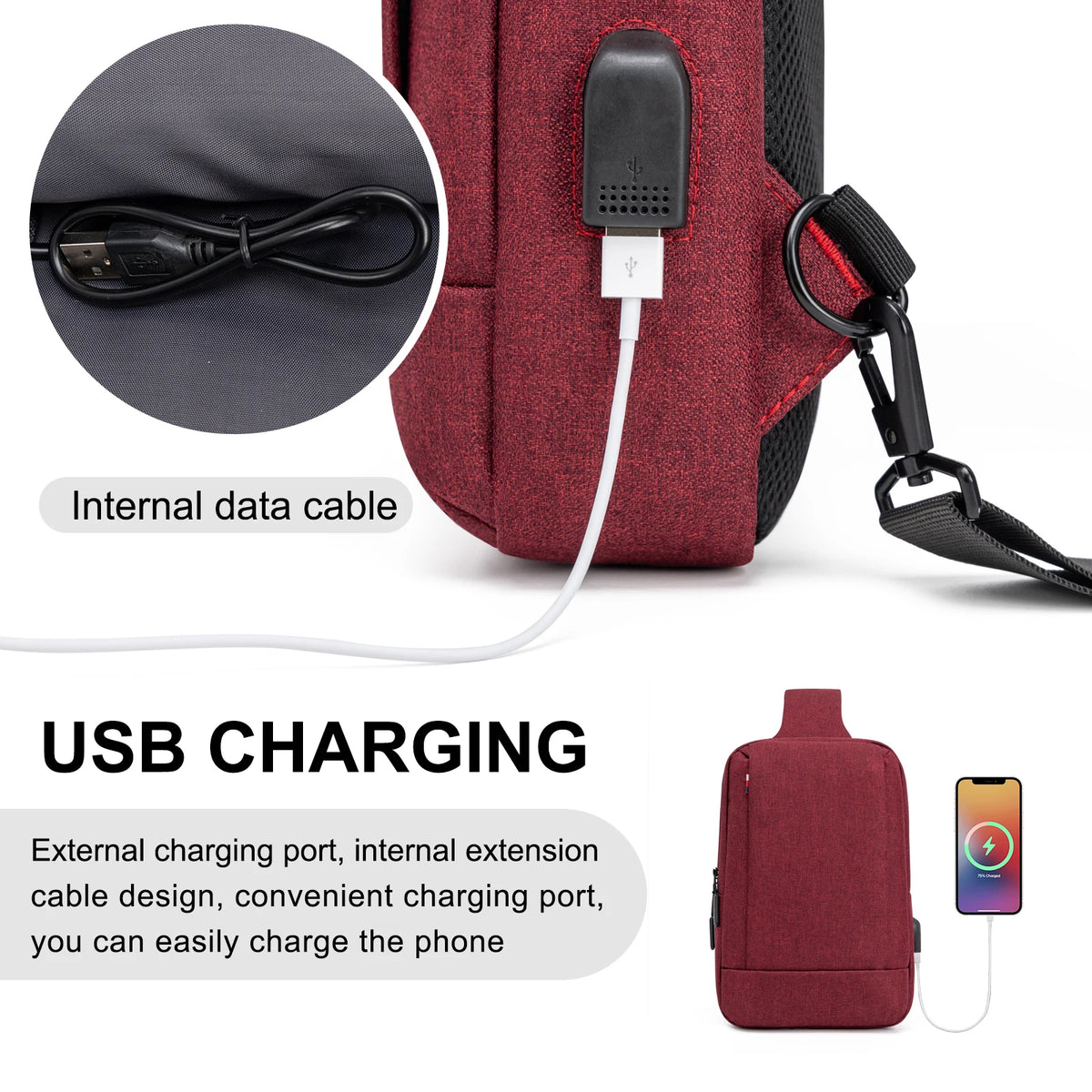Men Bag Fashion New Solid Color Men Chest Bag Outdoor Casual Fashion One Shoulder Crossbody Bag Nylon USB Charging Shoulder Bags