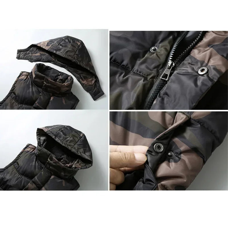 Army Green Vest for Men Cotton Hat Detachable Sleeveless Jacket Fashion Spring and Autumn Clothing  Mens Jacket Plus Size 5XL