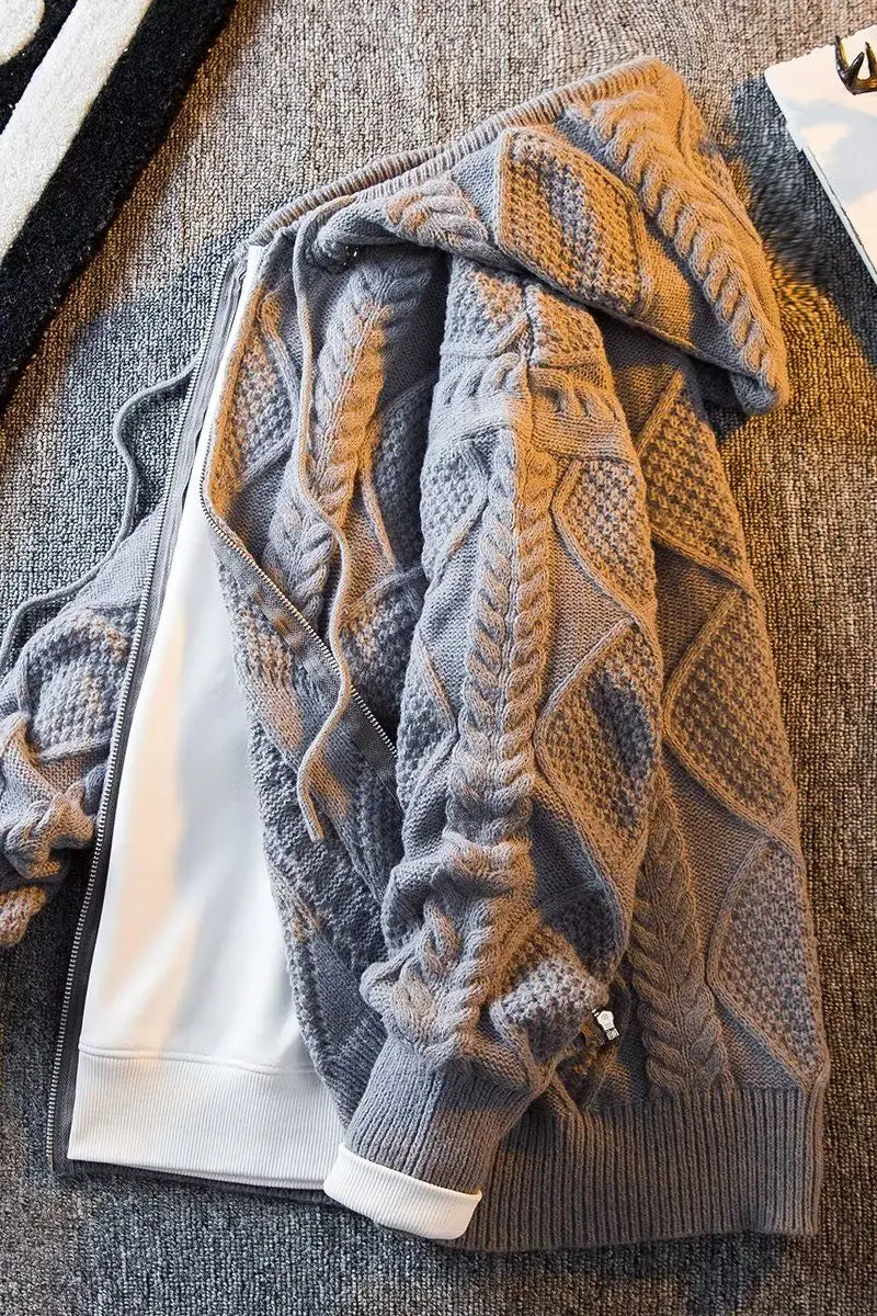 Men's New England Style Hooded Streetwear Zipper Cardigan Autumn Winter Knitted Thick Sweater