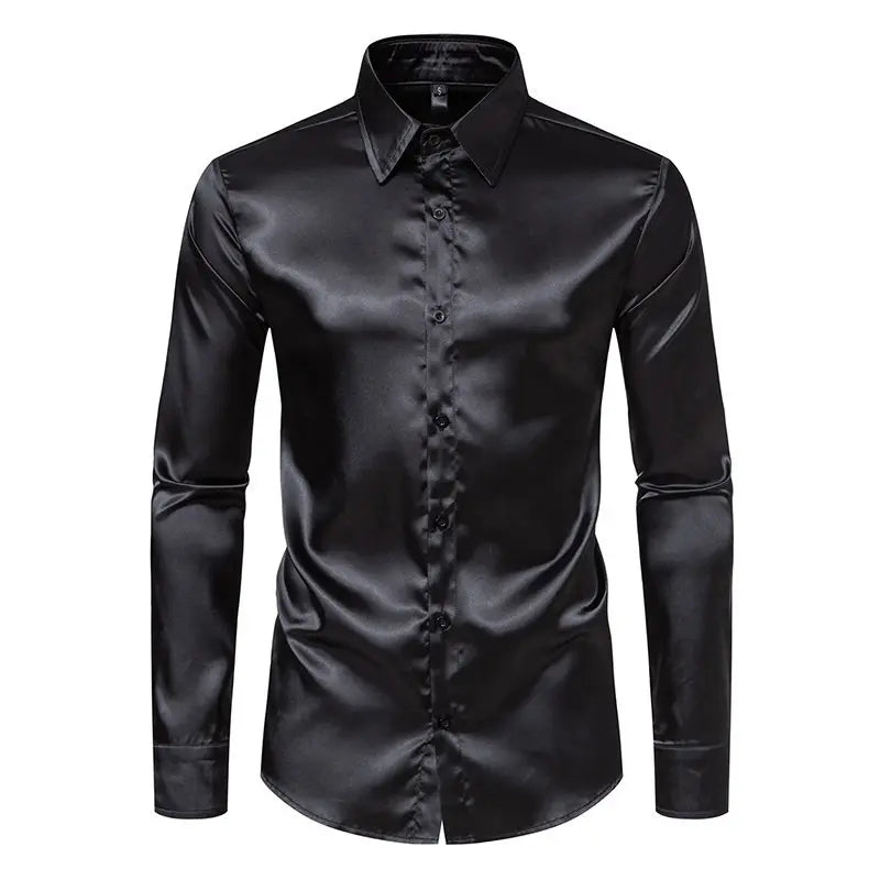 Bright face shirt, men's long sleeved autumn and winter men's clothing, satin nightclub style, solid color trend, men's trend