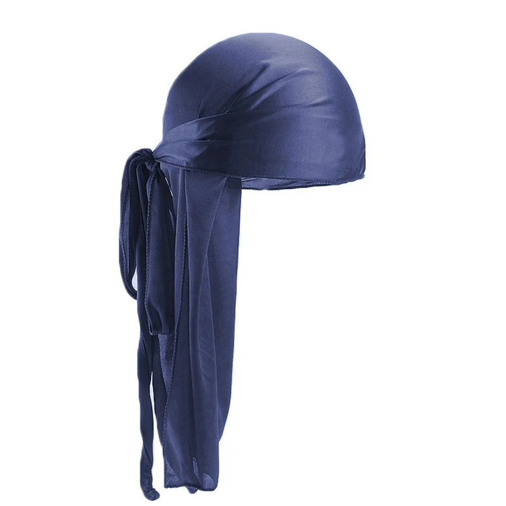 Men's Silky Turban Head Wrap Hat Wig For Men Women Satin Couple Biker Headwear Headband Hair Accessories Extra Long Tail