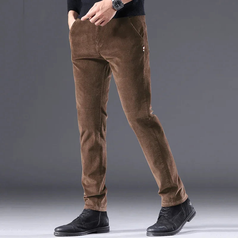 Men's Solid Straight Leg Corduroy Fabric Casual Pants Male Army-green Coffee Office Pants Stylish Youth Autumn Winter Trousers