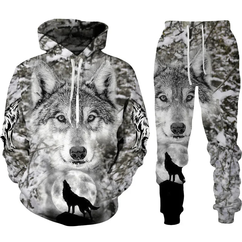 Spring Men's Hooded 3D Animal War Wolf Printed  Sweater Set Male Sportswear Tracksuit Long Sleeve Men Clothing Suit