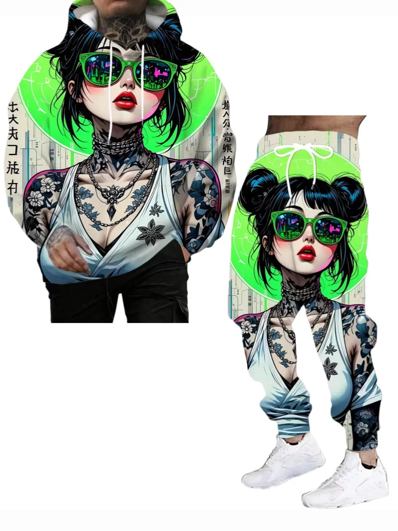 Japanese Anime 3d Print Hoodie 2pcs set Men Women Fashion Sexy Samurai Tracksuit Casual Autumn Clothes Y2k Hoodie jogging Set