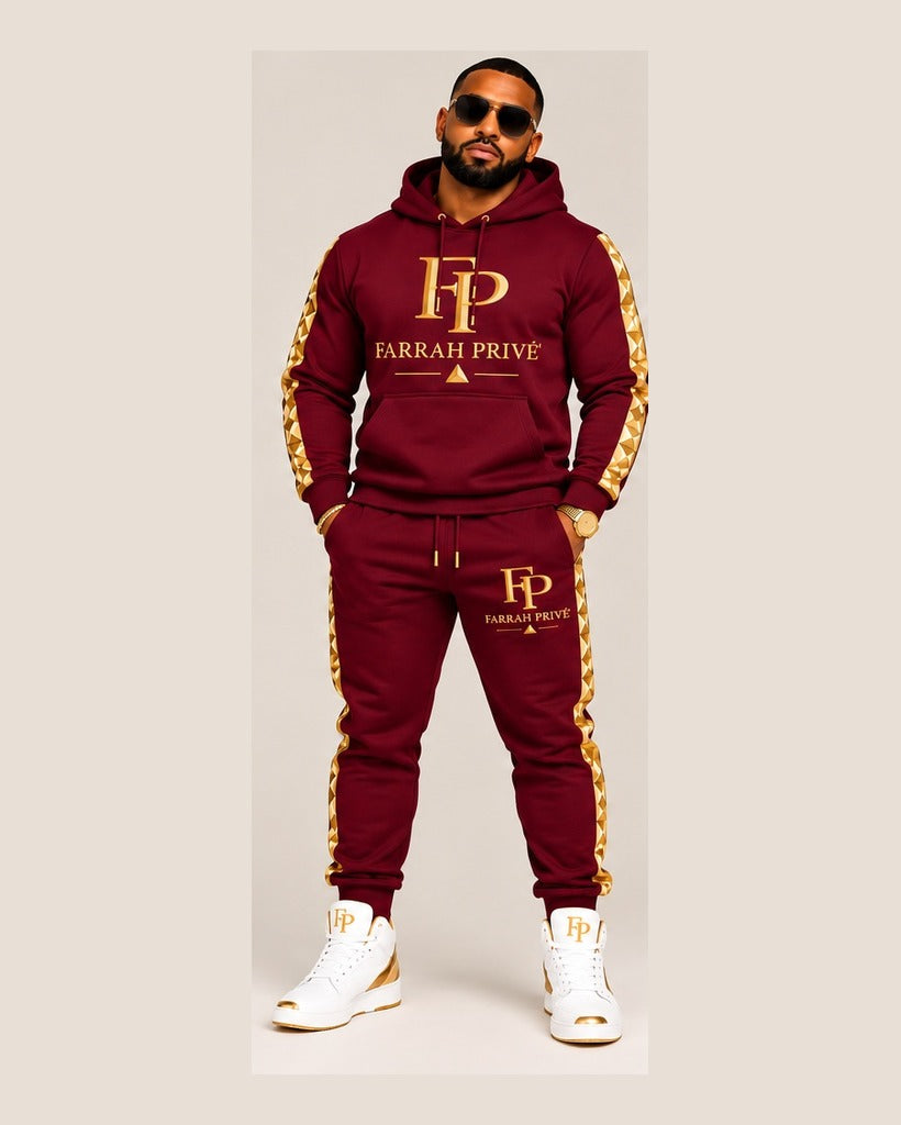 Dynasty Elite Burgundy & Gold men's full jogger set — front