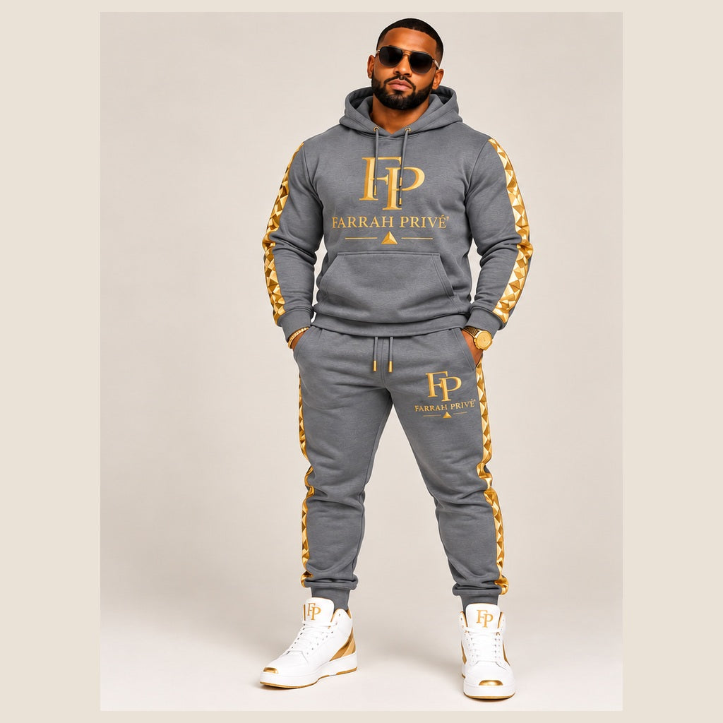 Dynasty Elite Grey & Gold men's full jogger set — front