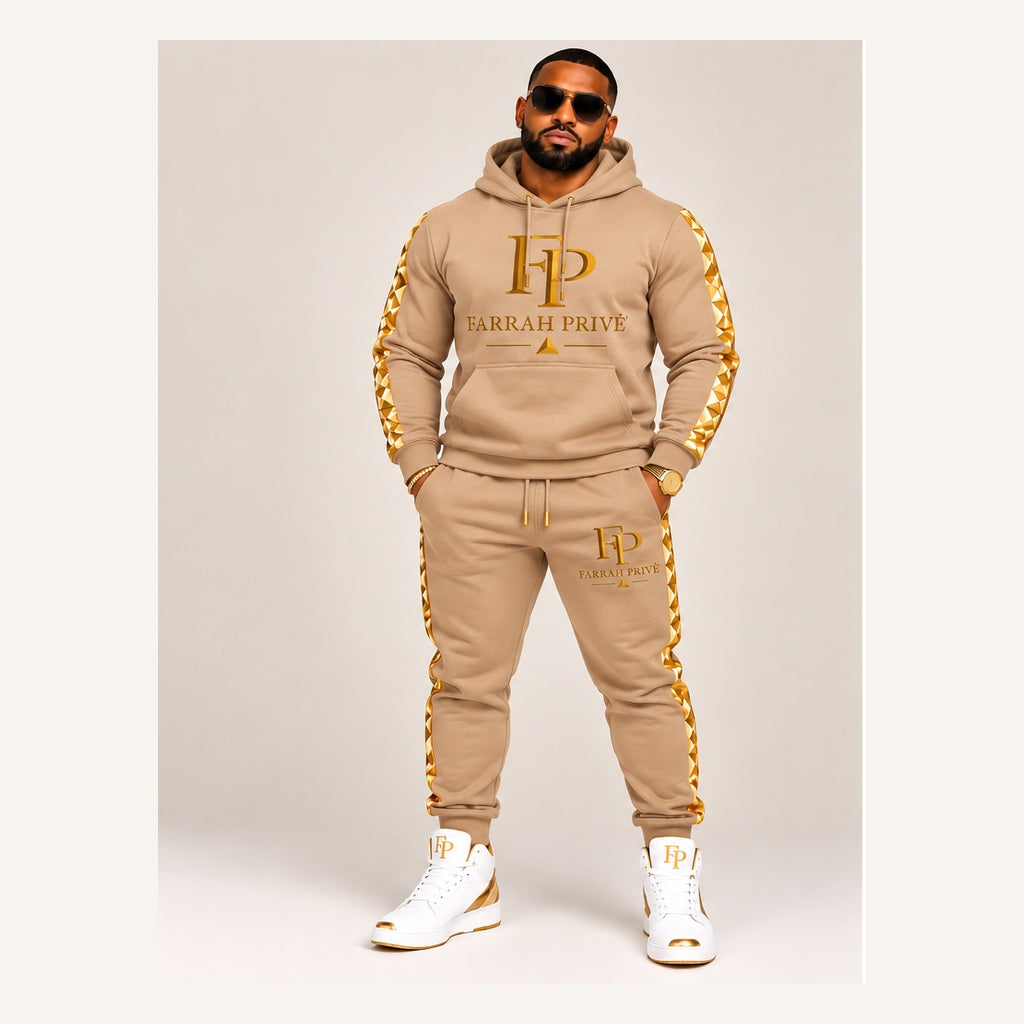 Dynasty Elite Tan & Gold men's full jogger set — front