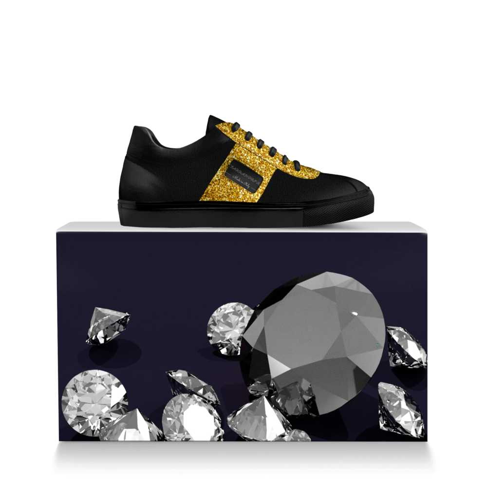 Farrah Collection black and gold signature sneaker over box
