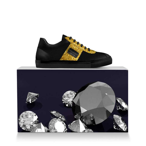 Farrah Collection black and gold signature sneaker over box