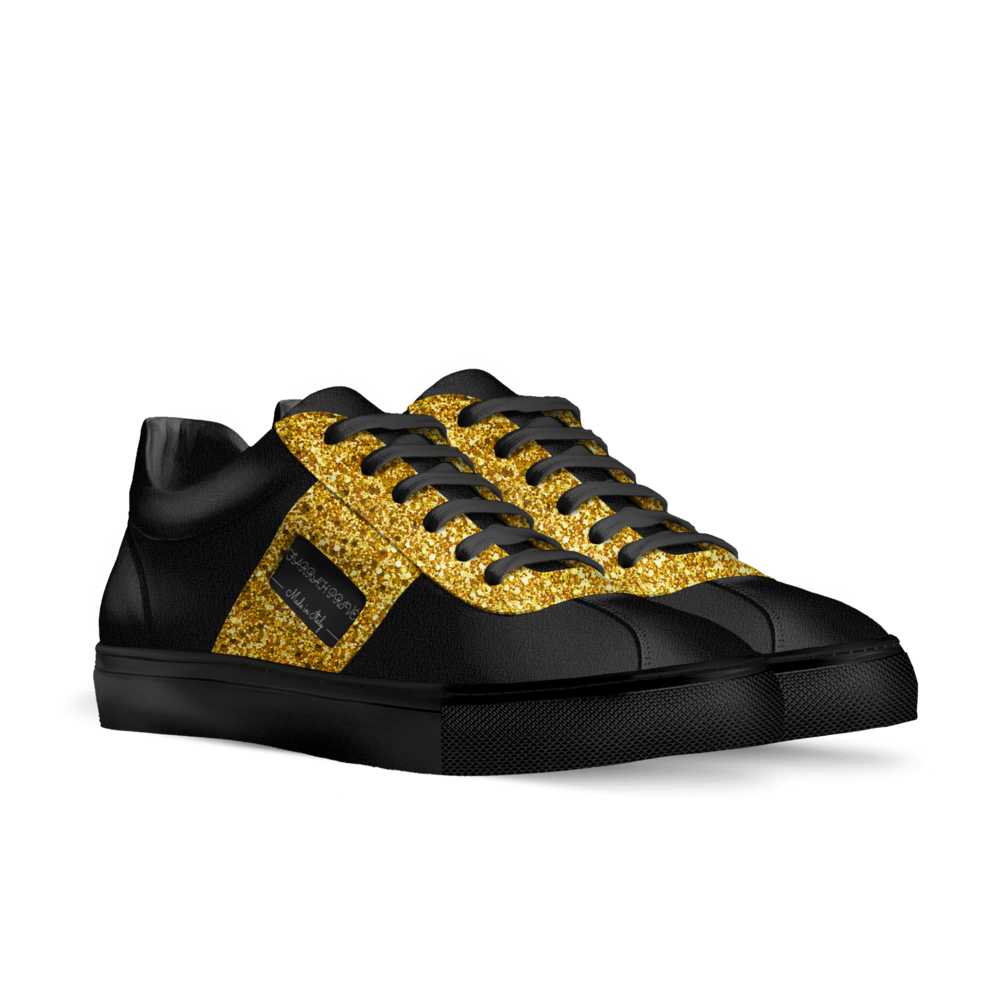 Farrah Collection black and gold signature sneaker quarter view